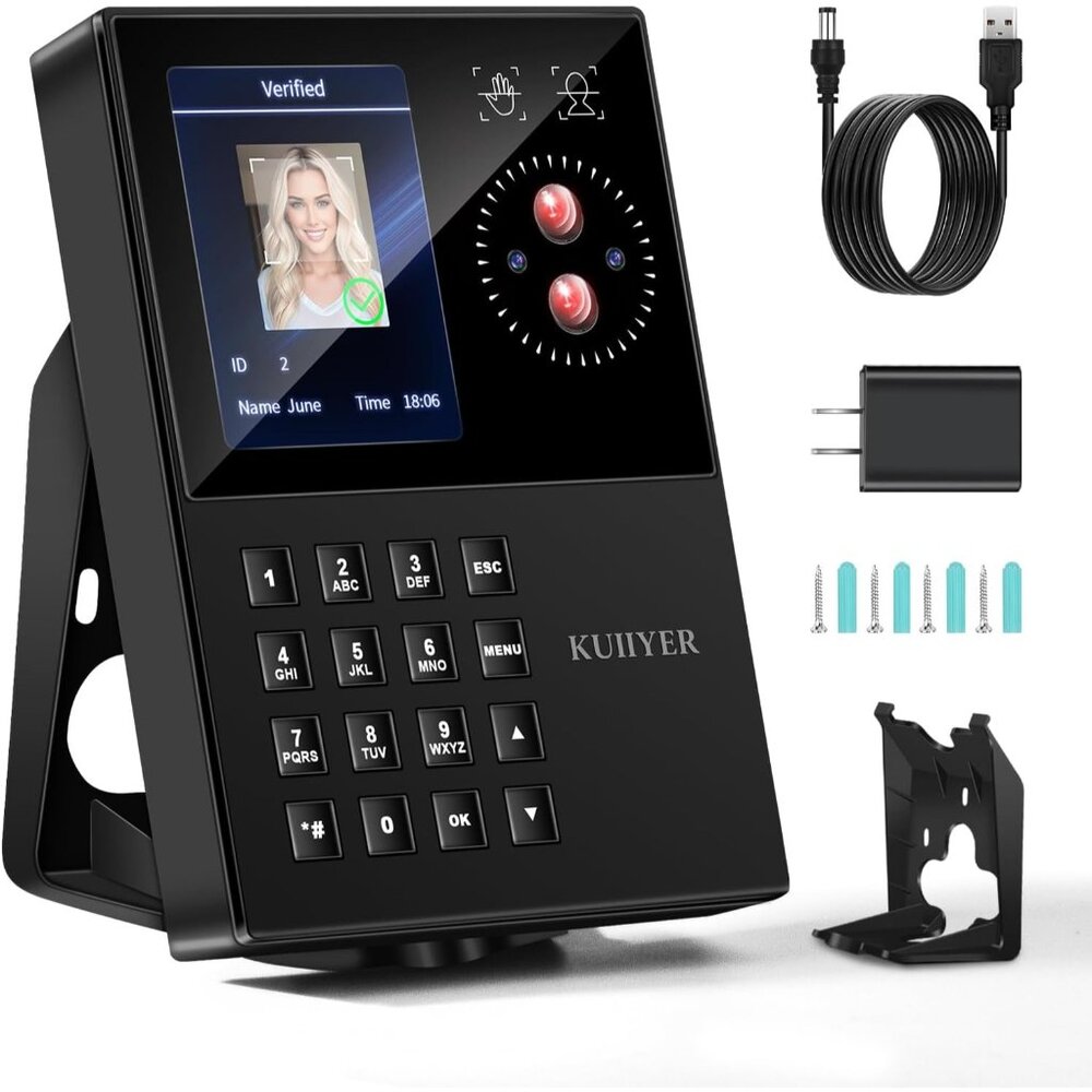 KUIIYER 3-in-1 Biometric Time Clock - Face Palm Print PIN - No Monthly Fees New